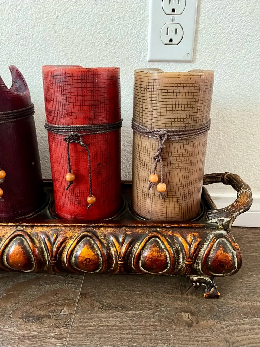 Decorative Multicolor Pillar Candle Set with Ornate Tray